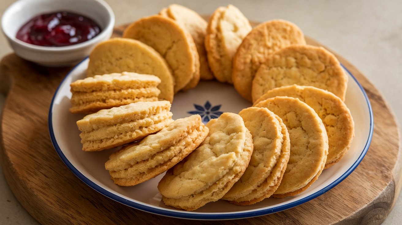 A plate of warm biscuits served with butter and jam(3-Ingredient Biscuit Recipe)